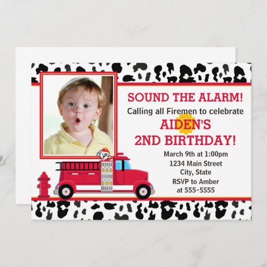 消防車の誕生日パーティーの招待フォトカード 招待状 (正面/裏面)