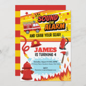 消防車の誕生日パーティーの招待状 サンキューカード (正面/裏面)