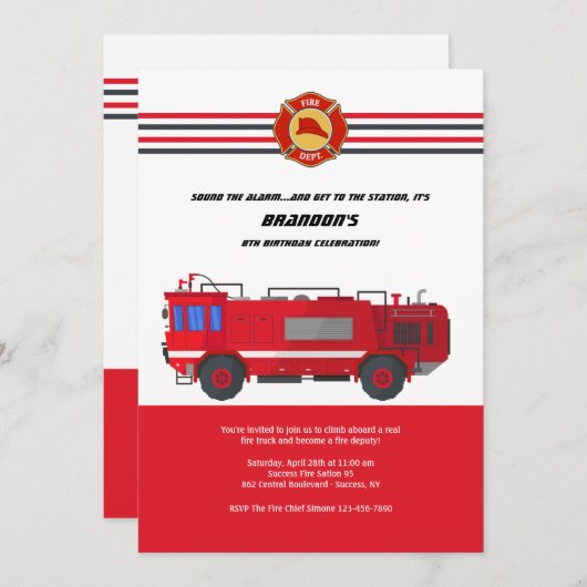 消防車の誕生日パーティーの招待状 招待状 (正面/裏面)