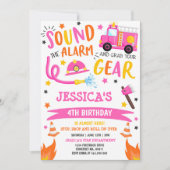 消防車の誕生日パーティーピンク消防士 招待状 (正面)