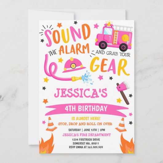 消防車の誕生日パーティーピンク消防士 招待状 (正面)