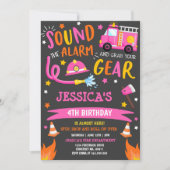 消防車の誕生日パーティーピンク消防士 招待状 (正面)