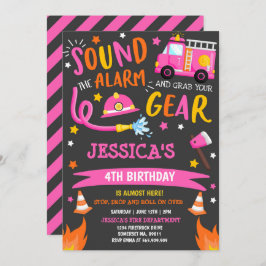 消防車の誕生日パーティーピンク消防士 招待状