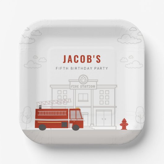 消防車の誕生日パーティープレート ペーパープレート (正面)