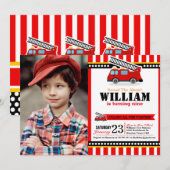 消防車の誕生日パーティー写真招待状 招待状 (正面/裏面)