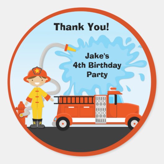 消防車の誕生日パーティー好意ステッカー ラウンドシール (正面)