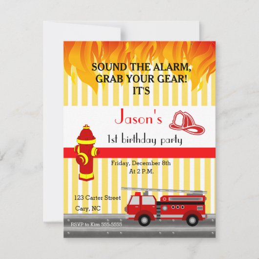 消防車の誕生日パーティー招待状 招待状 (正面)