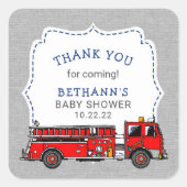 消防車の赤ちゃんシャワーまたは誕生日パーティーの好意 スクエアシール (正面)