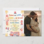 消防車の赤ちゃん歓迎会のパーティーの写真 招待状 (正面)