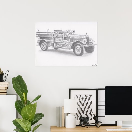 消防車の鉛筆のスケッチ大規模な再印刷ポスター ポスター (ホームオフィス)