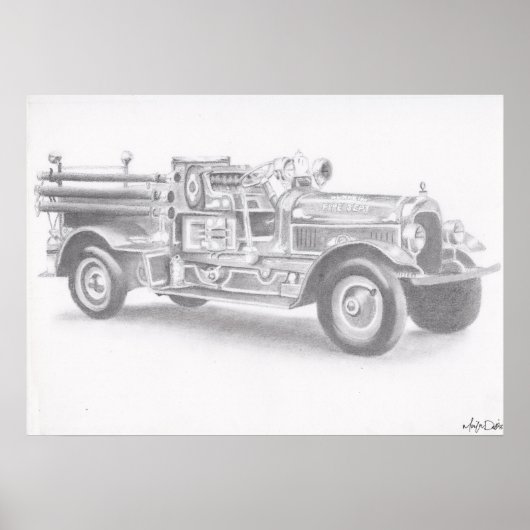 消防車の鉛筆画 大判ポスター ポスター (正面)