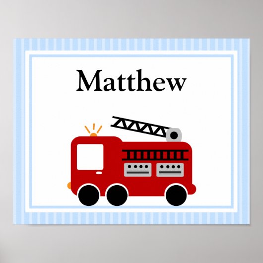 消防車の青ストライプいパーソナライズされた名ウォールアート ポスター (正面)