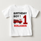 消防車の1歳誕生日パーティー ベビーTシャツ (正面)