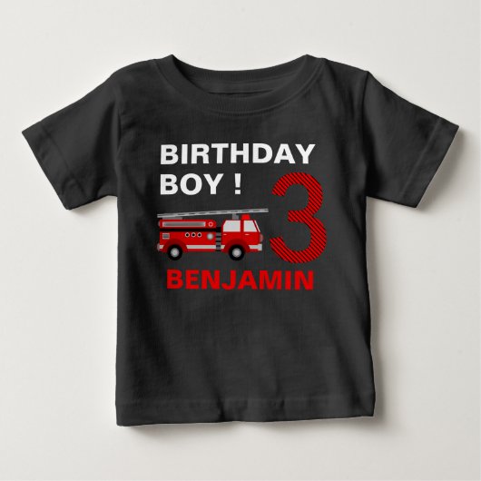 消防車の3歳誕生日パーティー ベビーTシャツ (正面)