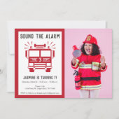 消防車または消防車の写真の誕生日パーティー 招待状 (正面)