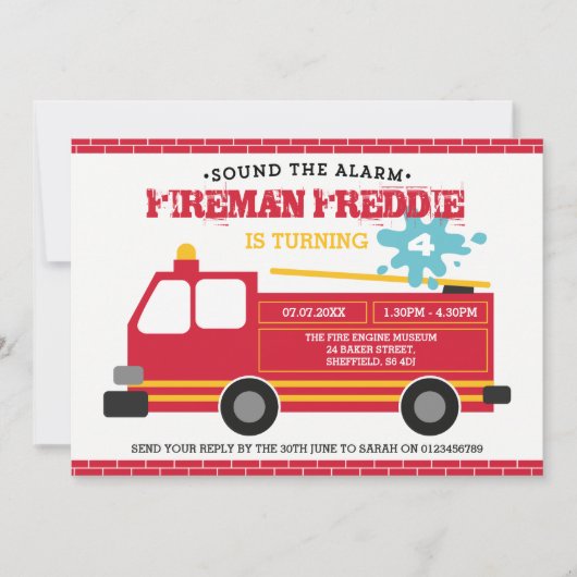 消防車をテーマにした誕生日パーティーの招待 招待状 (正面)