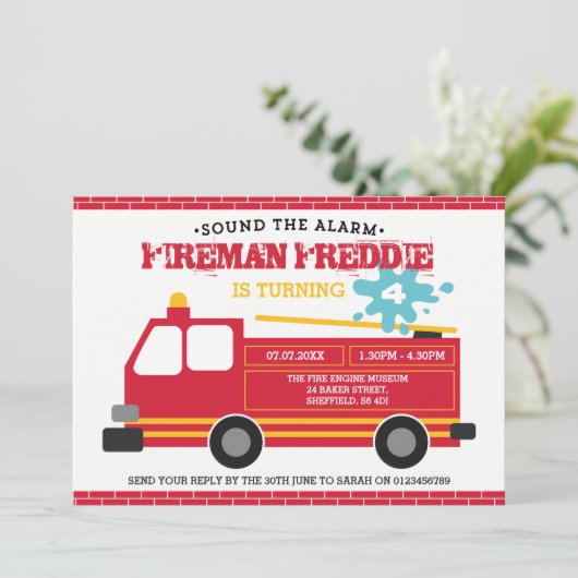 消防車をテーマにした誕生日パーティーの招待 招待状 (スタンド正面)