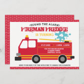 消防車をテーマにした誕生日パーティーの招待 招待状 (正面/裏面)