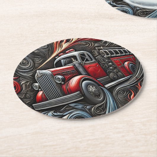 消防車アートの勇気 ラウンドペーパーコースター (アングル)