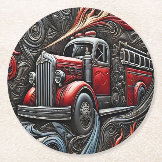 消防車アートの勇気 ラウンドペーパーコースター (正面)