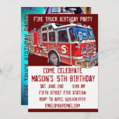 消防車エンジン消防誕生日招待状 招待状 (正面/裏面)