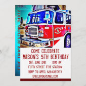 消防車エンジン消防誕生日招待状 招待状 (正面/裏面)