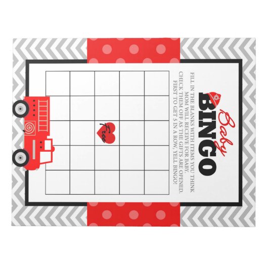 消防車ギフトビンゴ赤ちゃんシャワーゲームパック ノートパッド (正面)