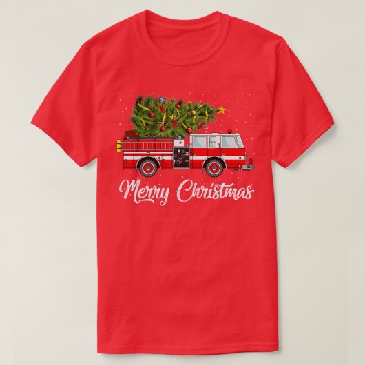 消防車クリスマスツリーおもしろい消防士ギフトメリー Tシャツ (デザイン正面)