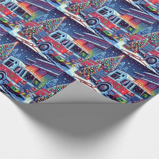 消防車クリスマスツリーと雪の休日 ラッピングペーパー (角)