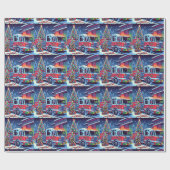 消防車クリスマスツリーと雪の休日 ラッピングペーパー (フラット)