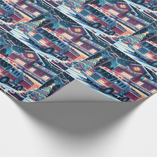 消防車クリスマスツリーと雪の休日 ラッピングペーパー (角)