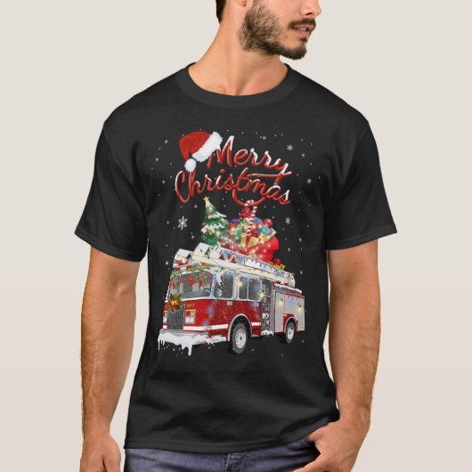 消防車サンタそり消防士クリスマスファイアーファイト Tシャツ (正面)