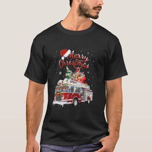 消防車サンタそり消防士クリスマスファイアーファイト Tシャツ (正面)