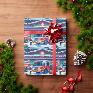 消防車サンタとクリスマスツリー ラッピングペーパー