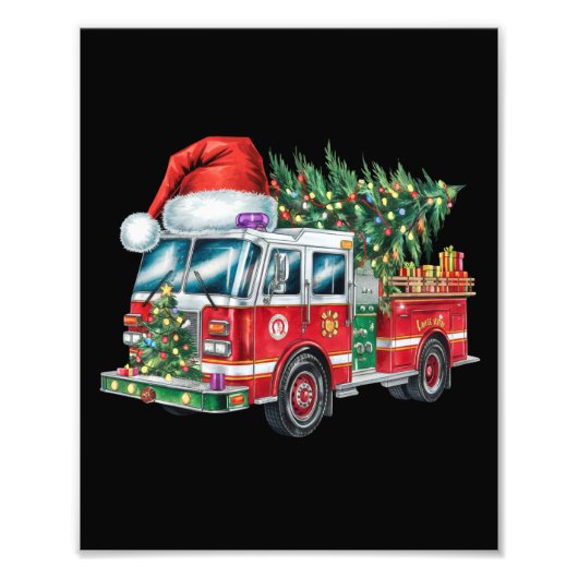 消防車サンタ帽子のクリスマスツリーライト 面白いデザイン フォトプリント            (正面)