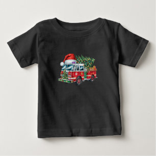 消防車サンタ帽子のクリスマスツリーライト 面白いデザイン ベビーTシャツ