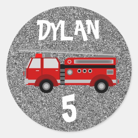 消防車シルバースパークルパーティー誕生日 ラウンドシール (正面)