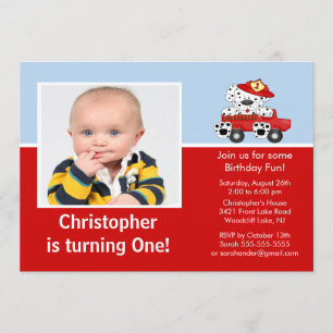 消防車ダルマティアンフォト誕生日招待状 招待状