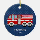 消防車ネイビーブルー水玉模様キッズ セラミックオーナメント (正面)