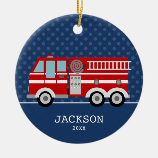 消防車ネイビーブルー水玉模様キッズ セラミックオーナメント (正面)