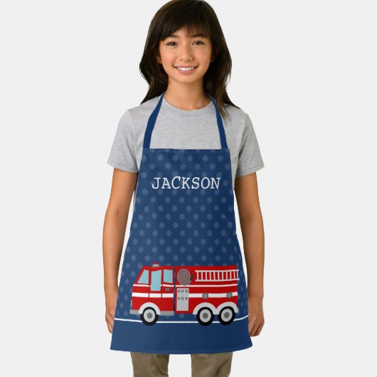 消防車ネイビーブルー水玉模様キパーソナライズされたッズ エプロン (インサイチュ)