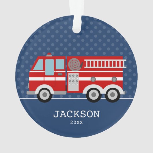 消防車ネイビーブルー水玉模様キパーソナライズされたッズ オーナメント (裏面)