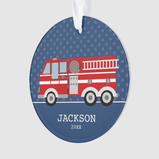 消防車ネイビーブルー水玉模様キパーソナライズされたッズ オーナメント (正面)