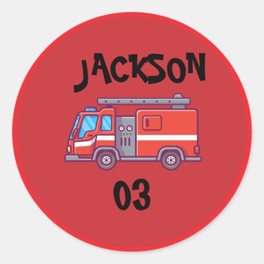 消防車パーティー誕生日クラシック ラウンドシール (正面)