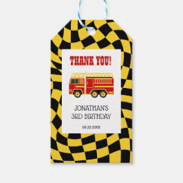 消防車ブラックイエロ市松模様にーン生誕日 ギフトタグ