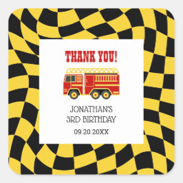 消防車ブラックイエロ市松模様にーン生誕日 スクエアシール