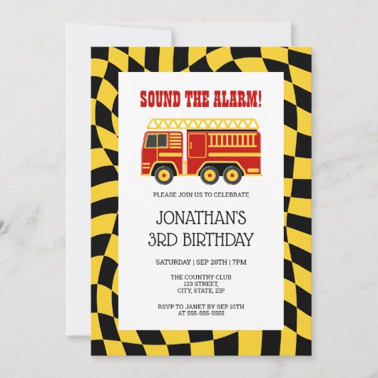 消防車ブラックイエロ市松模様にーン生誕日 招待状 (正面)