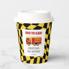 消防車ブラックイエロ市松模様にーン生誕日 紙コップ