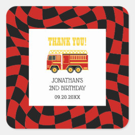 消防車ブラックレッド市松模様に2歳の誕生日 スクエアシール
