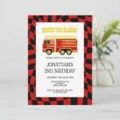 消防車ブラックレッド市松模様に2歳の誕生日 招待状 (スタンド正面)